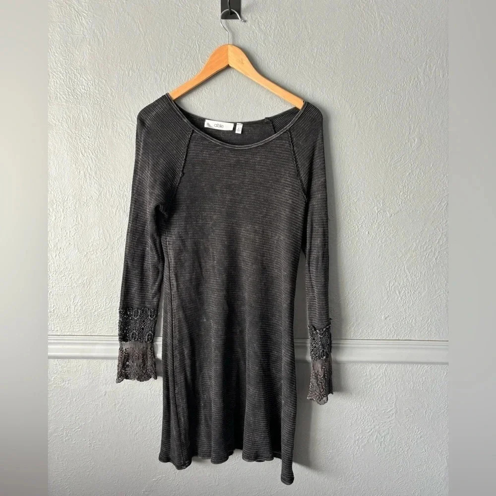 ABLE Waffle Knit Lace Sleeve Long Sleeve Dress Washed Black Large